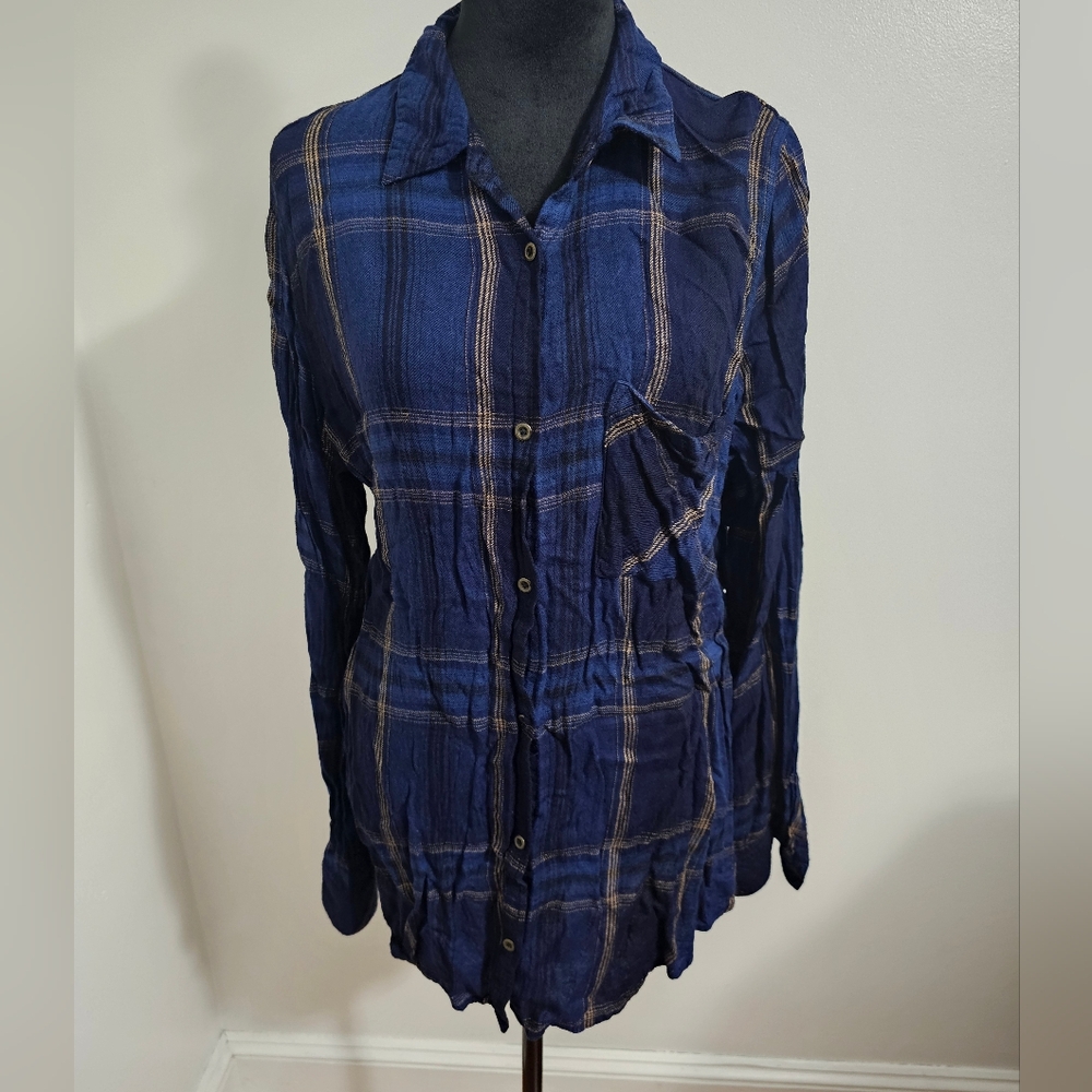 Navy Blue Plaid Women's Top